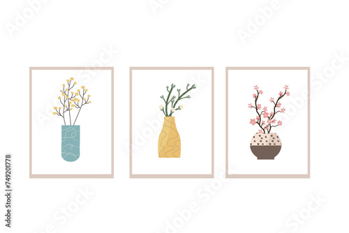 Spring branch in decorative vases - set of posters in flat style. Vector illustration can used for decoration banner, poster, greeting card.