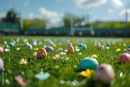 A colorful Easter egg at the sports stadium. A symbol of the Easter holiday. Spring time.