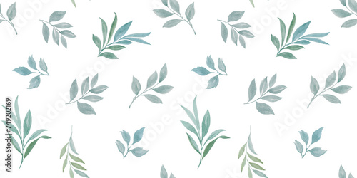 botanical seamless background of leaves, watercolor pattern of hand drawn leaves on branches, abstract illustration for wallpaper and packaging design
