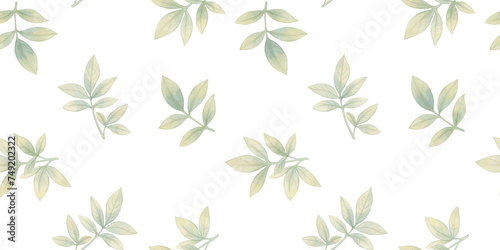 seamless botanical background of leaves, hand-drawn watercolor pattern, abstract illustration for wallpaper and packaging design, leaves on branches collected in an endless ornament © Sergei