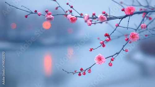 a branch with pink flowers on it in front of a body of water with a red light in the background. photo