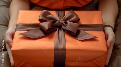 a woman holding an orange wrapped gift box with a brown ribbon and a brown bow on the top of it. photo