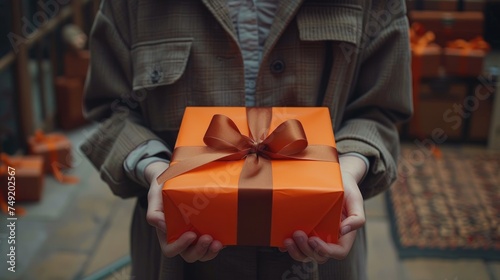 a person holding an orange gift box with a brown ribbon on it's end and a brown bow on the top of the box. photo