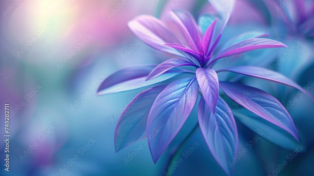 a close up of a purple flower on a blue and green background with blurry leaves in the foreground.