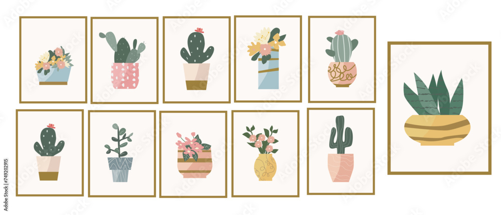 Houseplants and flowers in pots and vases - set of posters. Vector illustration can used for home decor, labels, postcards. Houseplants and flowers in pots and vases - set of posters. Vector illustration can used for home decor, labels, postcards.