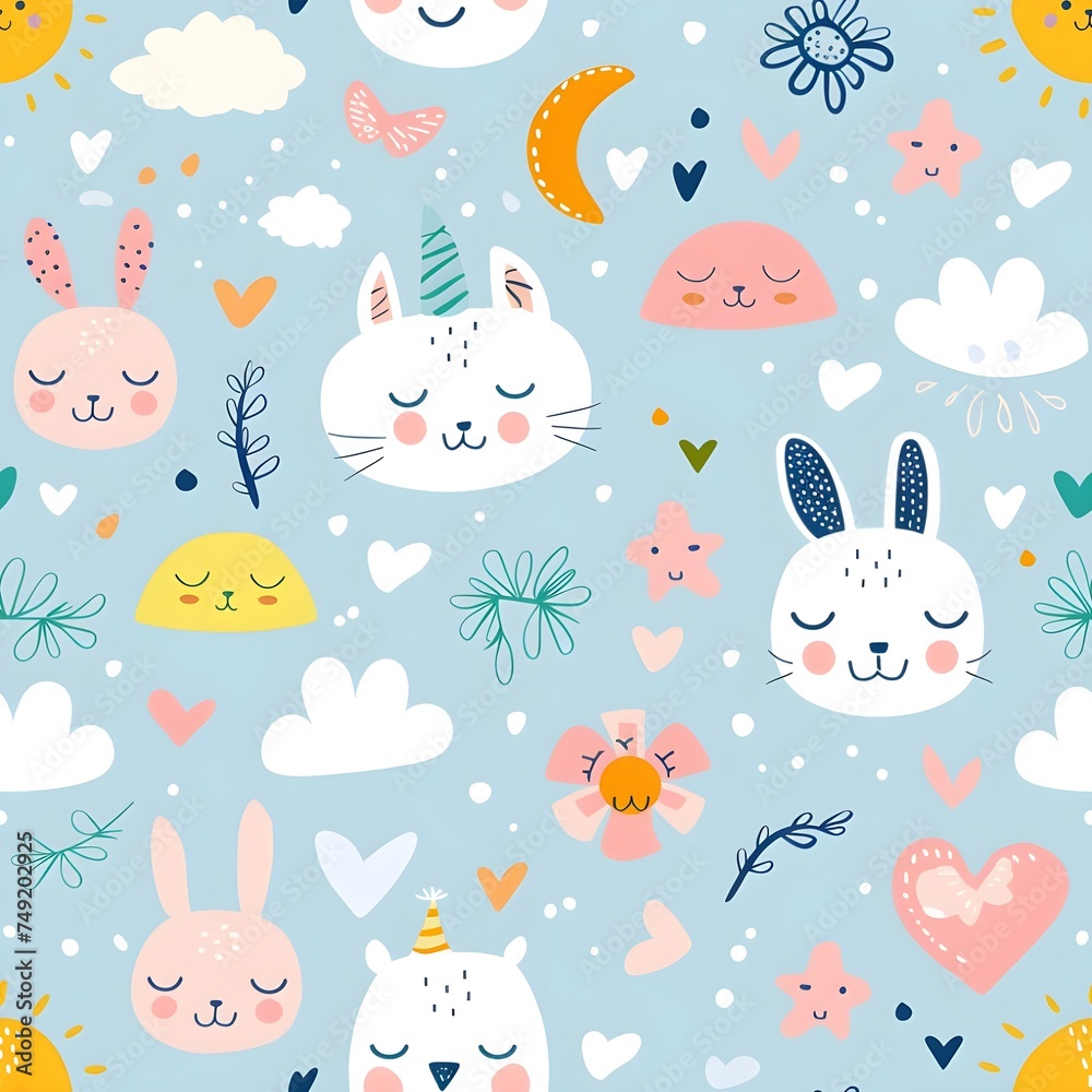 Seamless pattern light blue with cute animals, clouds and moon Seamless pattern light blue with cute animals, clouds and moon