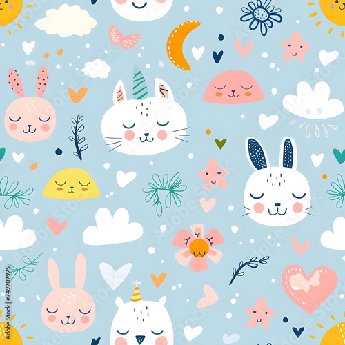 Seamless pattern light blue with cute animals, clouds and moon