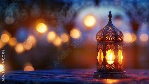 Muslim Holy Month Ramadan Kareem - Ornamental Arabic Lantern With Burning Candle Glowing At Evening - generative ai