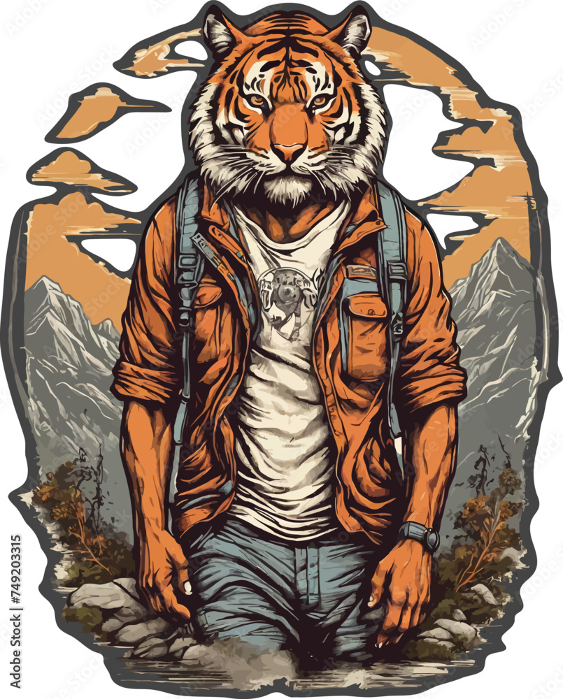 Obraz premium Tiger hiking vector illustration for t-shirt, stickers and others.