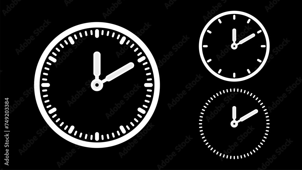Clock icon, minimal style. White clock the black background Clock icon, minimal style. White clock the black background