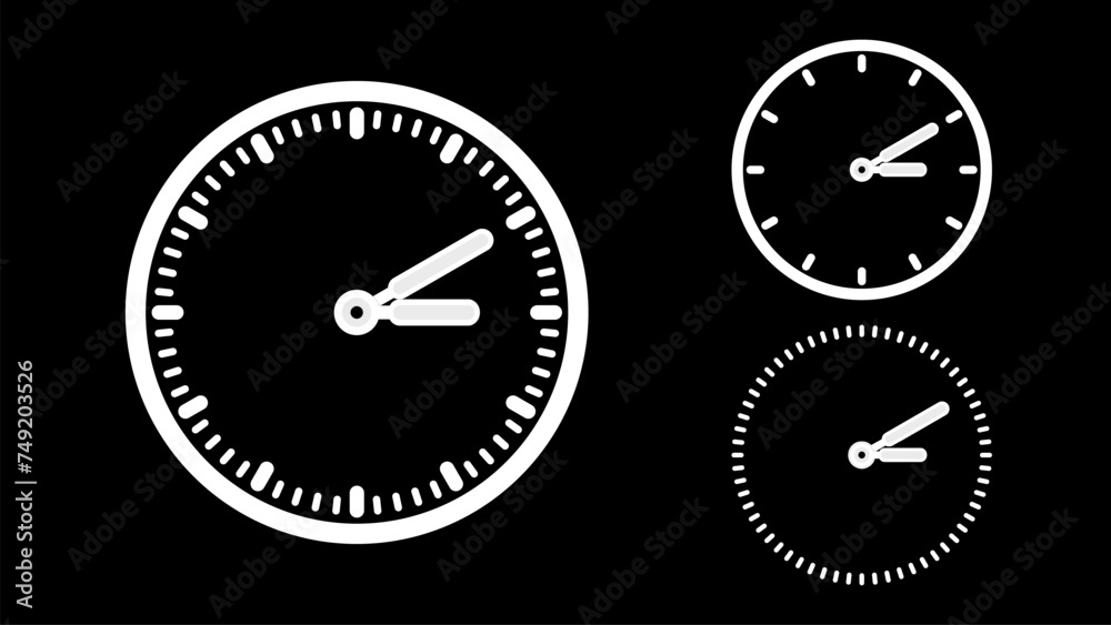 Clock icon, minimal style. White clock the black background Clock icon, minimal style. White clock the black background