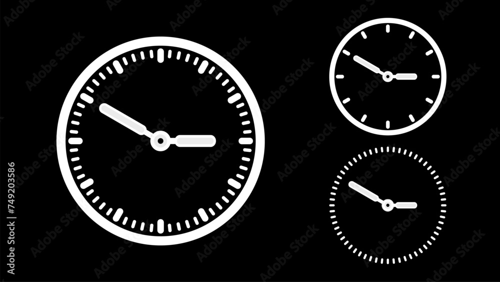 Clock icon, minimal style. White clock the black background Clock icon, minimal style. White clock the black background