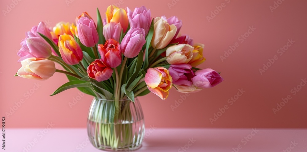 Vibrant Mixed Tulip Bouquet in a Clear Glass Vase on Pink Background Vibrant Mixed Tulip Bouquet in a Clear Glass Vase on Pink Background