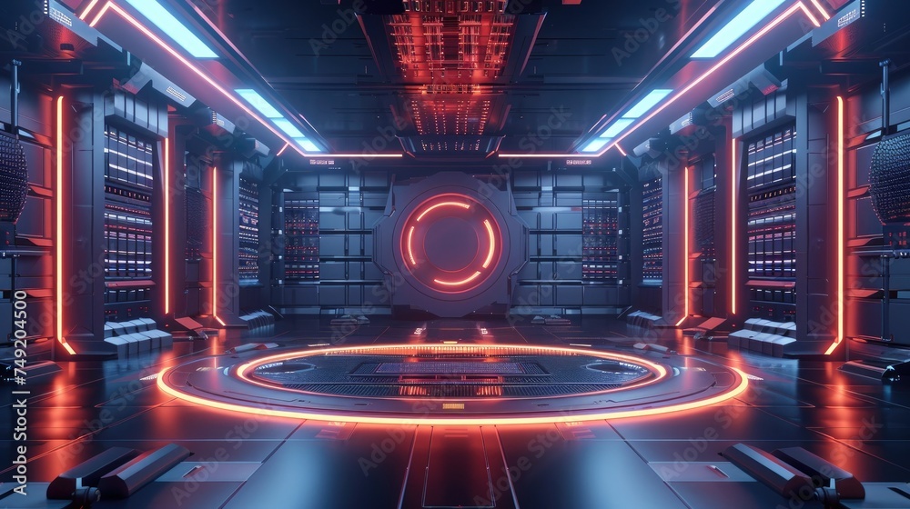 Futuristic room with neon lights and a glowing circular portal, representing advanced technology and cyber security. Futuristic room with neon lights and a glowing circular portal, representing advanced technology and cyber security.