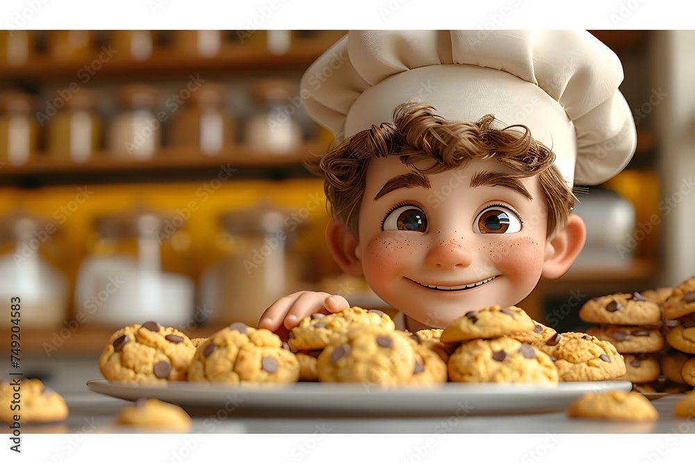 Adorable Cartoon Boy Showing Off a Plate of Delicious Cookies - obrazy, fototapety, plakaty 