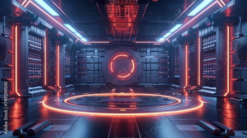 Futuristic room with neon lights and a glowing circular portal, representing advanced technology and cyber security.