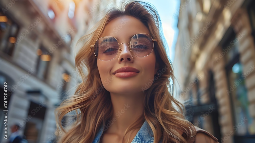 Blonde Woman Wearing Sunglasses on a City Street Blonde Woman Wearing Sunglasses on a City Street
