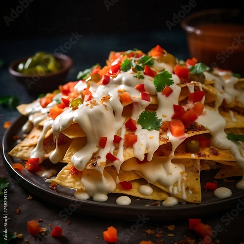Nachos with cheese sauce and pomegranate seeds
