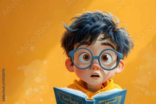 Cartoon Boy Engrossed in a Book Realistic Illustration