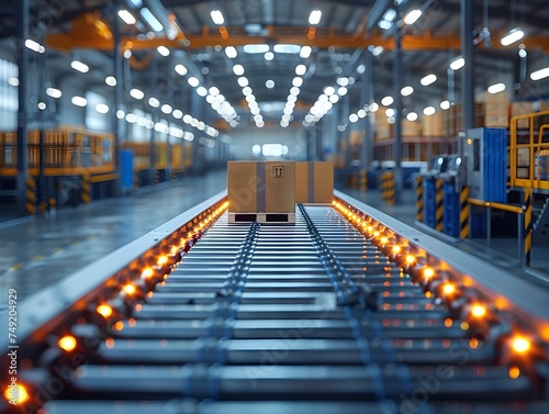 Conveyor Belt in a Warehouse with Glowing Lights