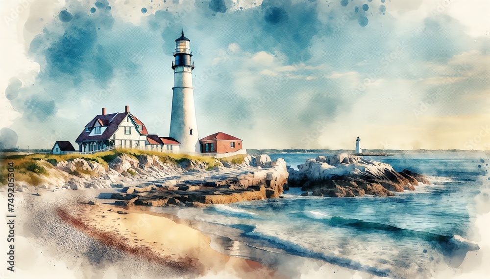 Watercolor of lighthouse on the East Coast of the USA in summer