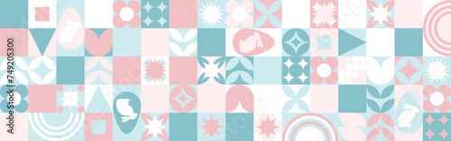 Seamless background for the spring holiday of Easter with a texture of circles and squares. Mosaic with geometric shapes, pastel background with eggs and hares.