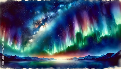  Watercolor of Northern Lights and Milky Way