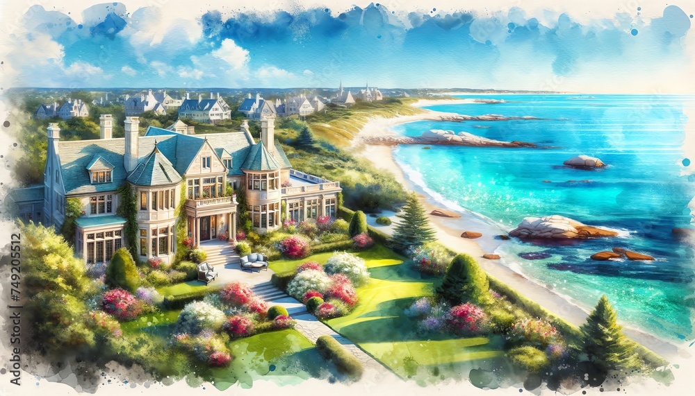 Fototapeta premium Watercolor of vintage luxury house near the ocean in summer