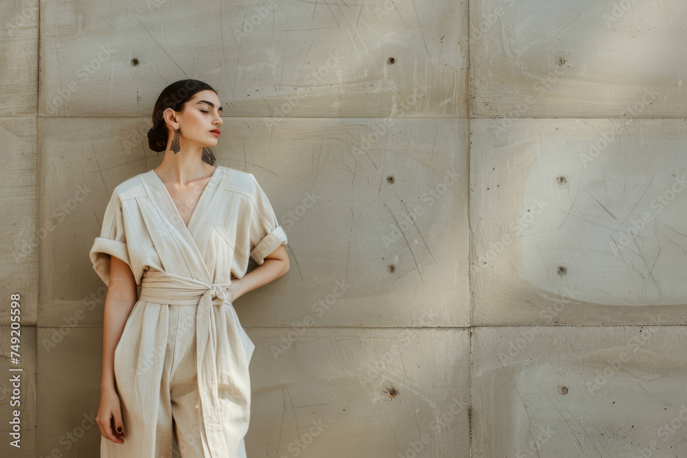 Woman in Luxurious Beige Outfit Against Textured Wall