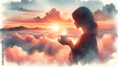 Watercolor of woman showing a white mug of coffee during sunrise #749205561