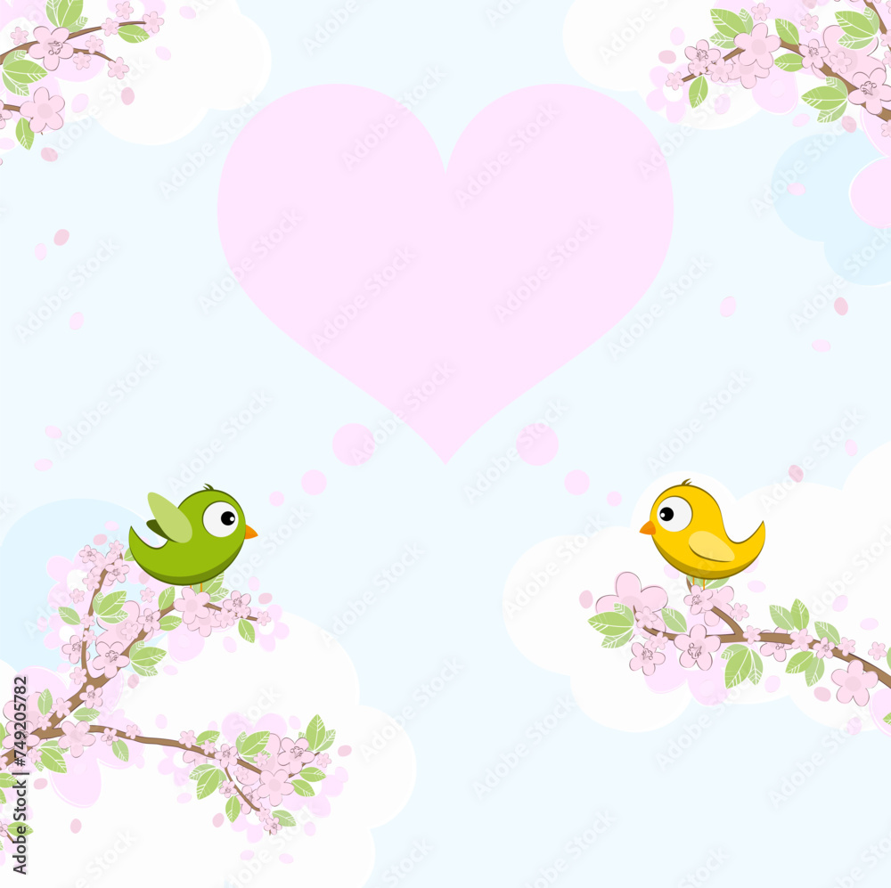 Birds in love on blossom branches