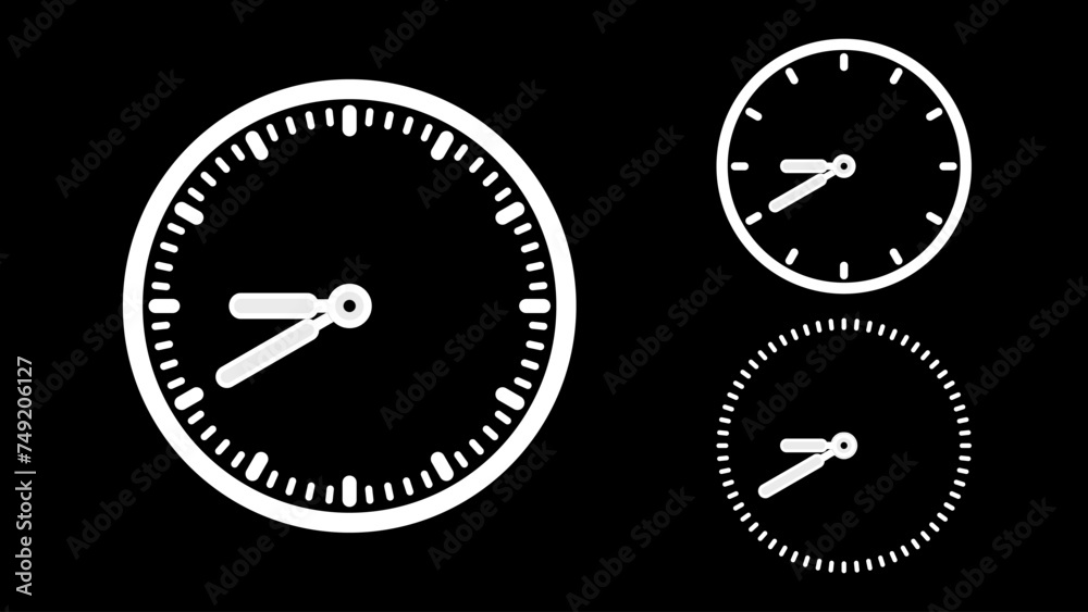 Clock icon, minimal style. White clock the black background Clock icon, minimal style. White clock the black background