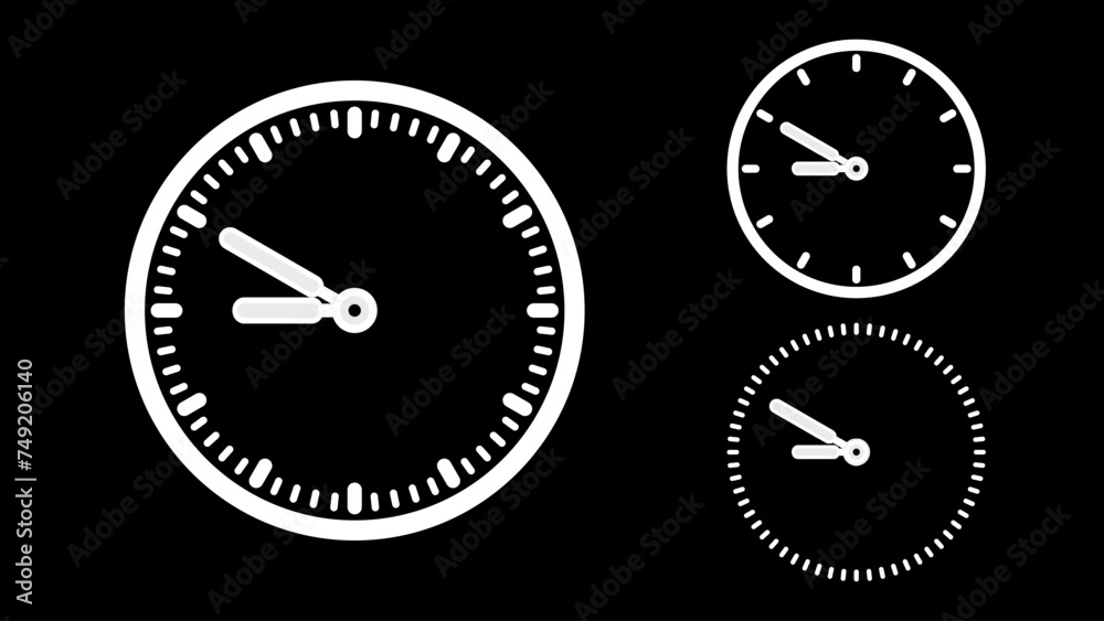 Clock icon, minimal style. White clock the black background Clock icon, minimal style. White clock the black background