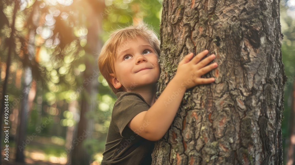 Cute little boy hugging a tree in the park on a sunny day