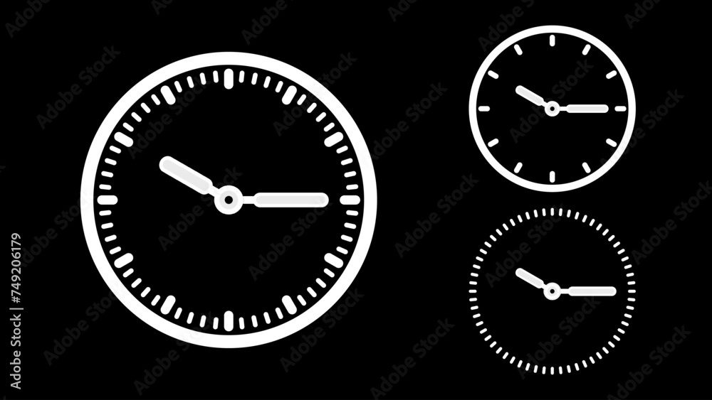 Clock icon, minimal style. White clock the black background Clock icon, minimal style. White clock the black background