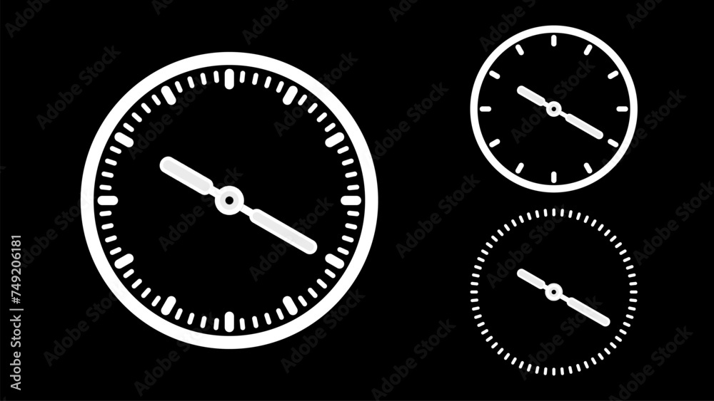 Clock icon, minimal style. White clock the black background Clock icon, minimal style. White clock the black background