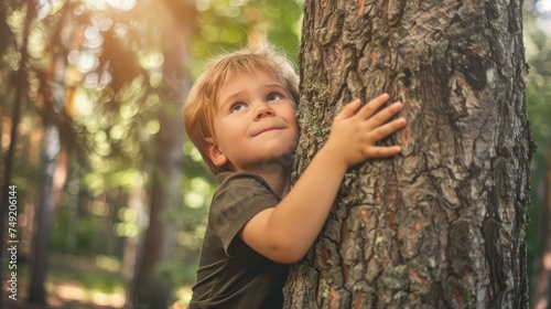 Cute little boy hugging a tree in the park on a sunny day © mariof