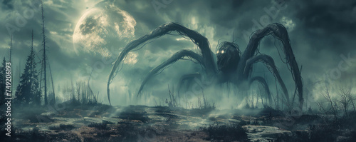 A desolate and eerie landscape with mysterious and frightening creatures photo