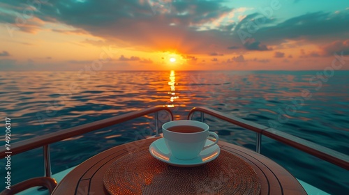 A cup of tea on a table on a yacht against the background of the sea sunset