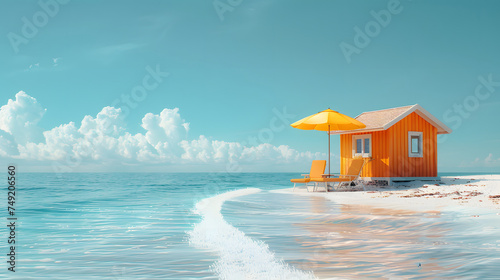A small cottage on a white sandy beach. The beach is surrounded by crystal blue water and is lined with palm trees. The sky is blue with large white clouds. © wing