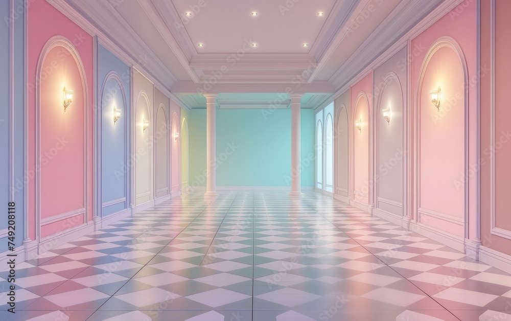 Elegant pastel hallway with checkered floor and wall sconces, ideal for chic background or graphic design.