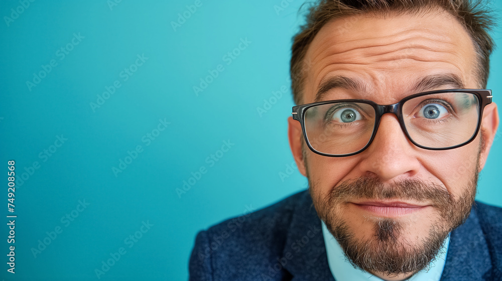 Man with quirky expression, blue background. Man with quirky expression, blue background.