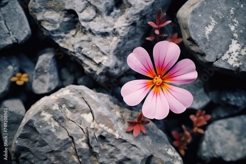 A flower grows through the stone ground. New plant life. Top view.