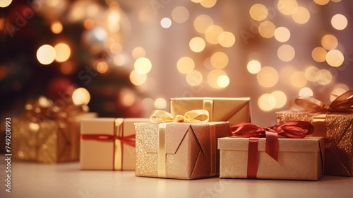 Realistic Gift Boxes wrapping with bow and ribbon on the table, Christmas tree and ornaments bokeh blur background. for use to Merry Christmas's content.