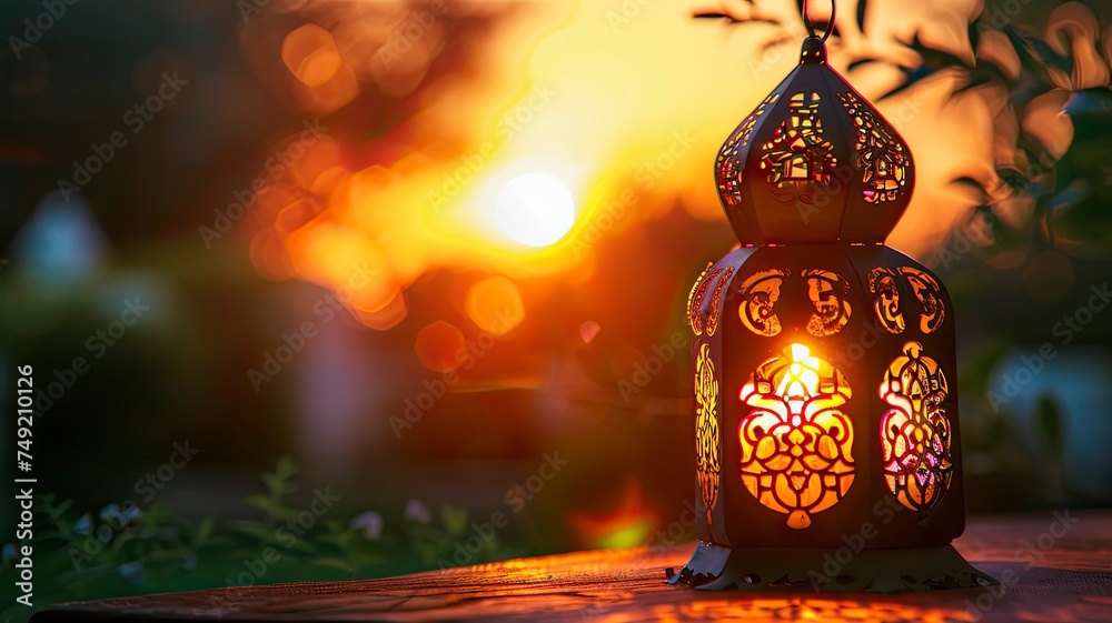 Muslim Holy Month Ramadan Kareem - Ornamental Arabic Lantern With Burning Candle Glowing At Evening - generative ai