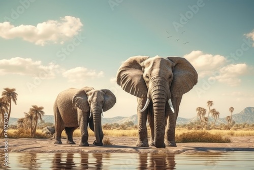 African elephants with baby elephant drinking at waterhole Hwange national park, Matabeleland, North Zimbabwe. True wildlife photography photo