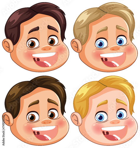 Four cartoon faces showing happiness and astonishment