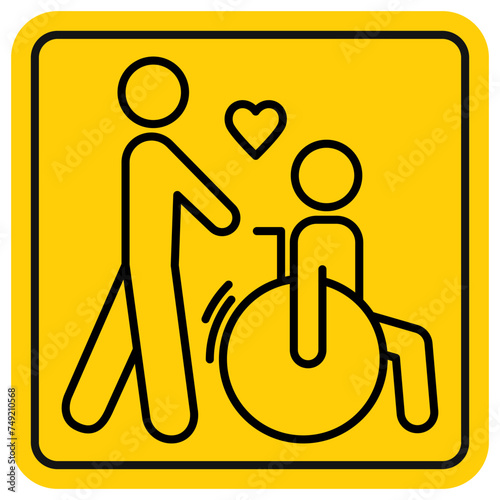 Volunteer helping a person who uses a wheelchair. Accessibility icon, square yellow pictogram, outline. Editable stroke. Concept of caring for a person with disabilities. Vector symbol, flat style.