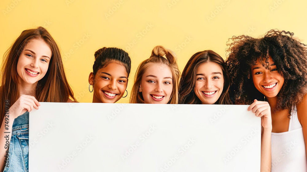 Groups of happy women holding a blank white banner symbolizing women's empowerment on International Women's Day. Groups of happy women holding a blank white banner symbolizing women's empowerment on International Women's Day.