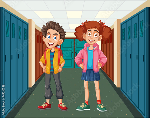 Two smiling children standing in a school corridor